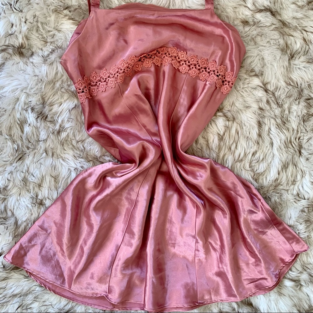 Pink floral lace satin slip dress